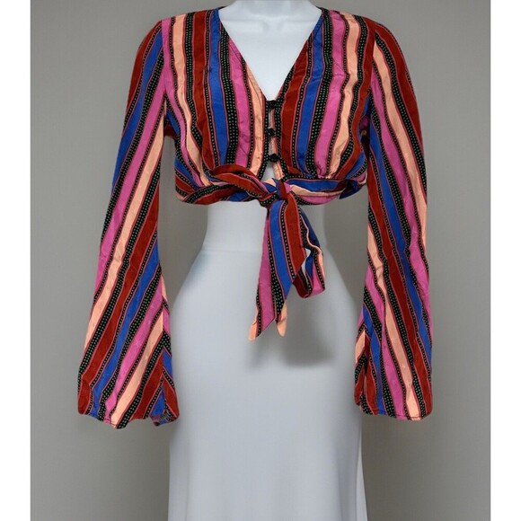 Topshop Striped Long Sleeve Tie Front Crop Top Stars 4th of July Women’s Size 2 - Picture 3 of 15